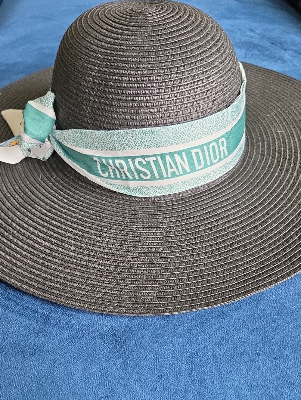 Dior Black Straw Sun Hat with Teal Logo Band
